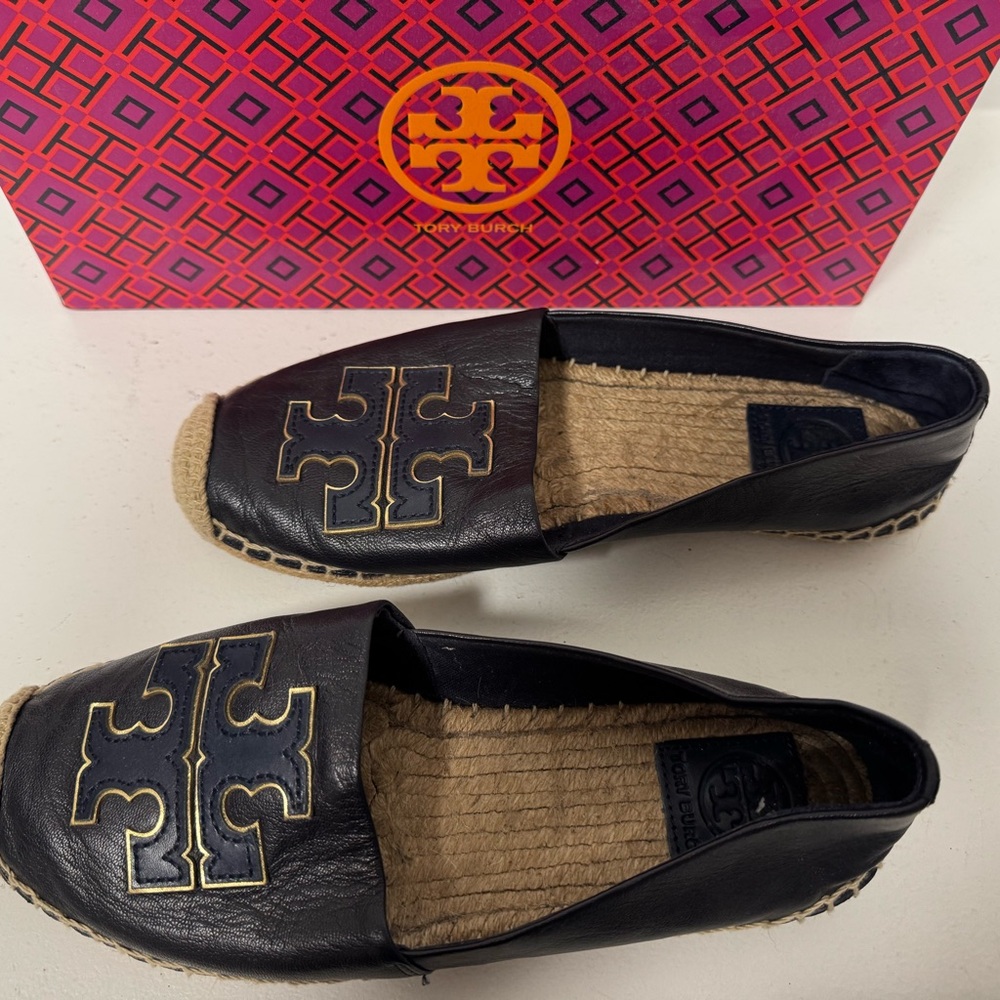 Tory Burch Navy Espadrille Slip-Ons with Logo